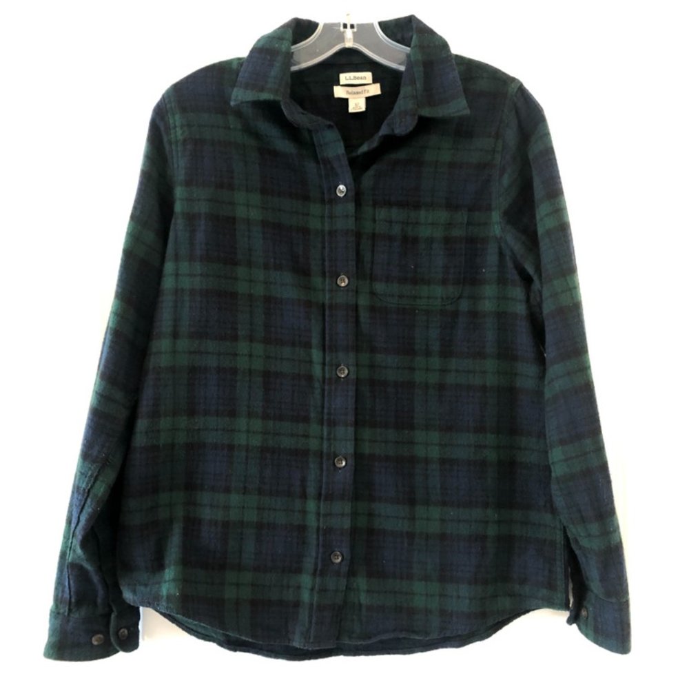 L.L. Bean Scotch Plaid Flannel - Relaxed Fit - Dark Navy Blue and Green Plaid